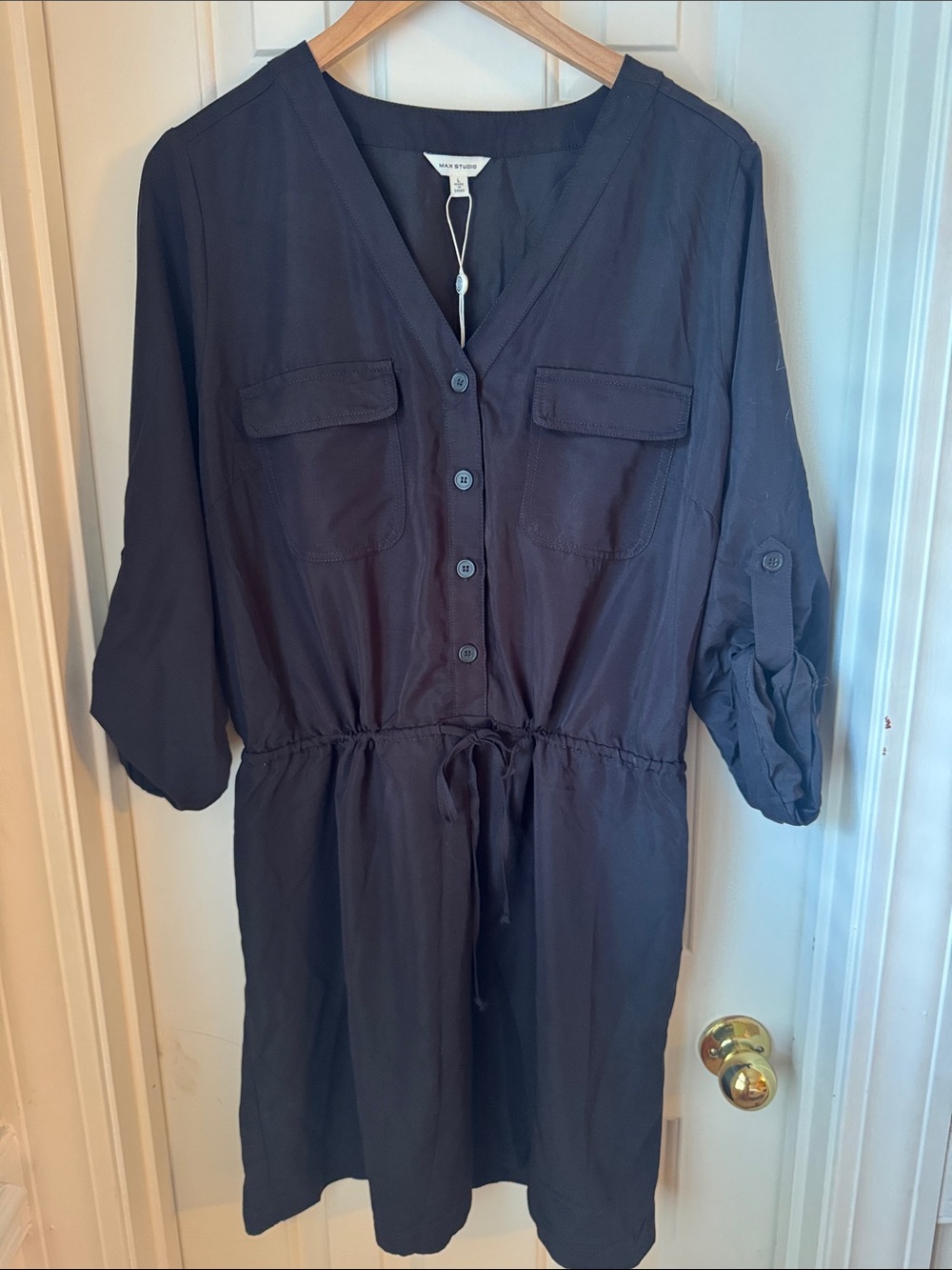 Max Studio Black Button-Front Drawstring Shirt Dress Size Large